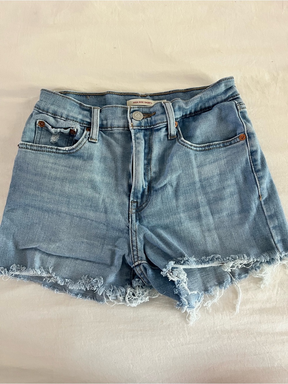 Levi’s High Rise Light Blue Denim Frayed Hem Shorts, Size 26